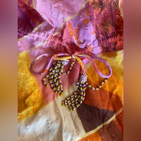 FARM RIO Patch Twirl Midi Dress Puff Sleeve Sz M Multicolor Drawstring Tie Neck - Picture 11 of 15